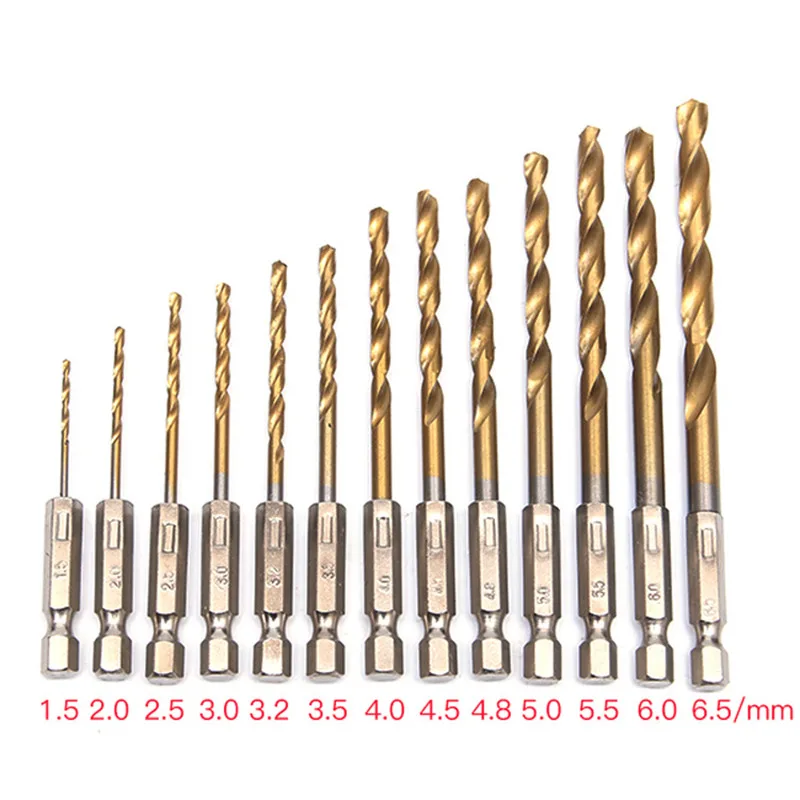 

13Pcs Titanium Coated Drill Bit Set Spiral Screw Metric Composite Tap Drill Bit Tap Hex Shank HSS Twist Drill Bit Set