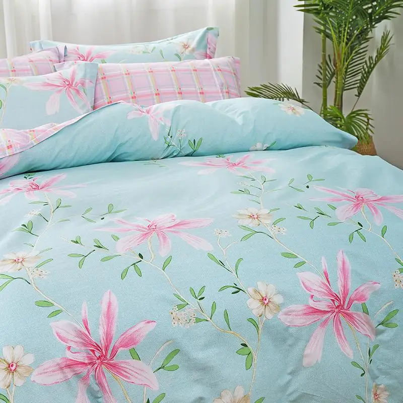 

Pastoral style quilt cover blue pink plaid flower princesses duvet cover twin full queen king double size blanket cover bedding