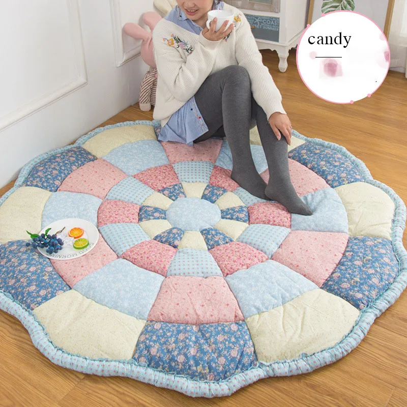 145CM Korean Non-Slip Cotton Patchwork Round Mats Living Room Bedroom Thick Tatami Bed Along The Game Mat Four Seasons Universal