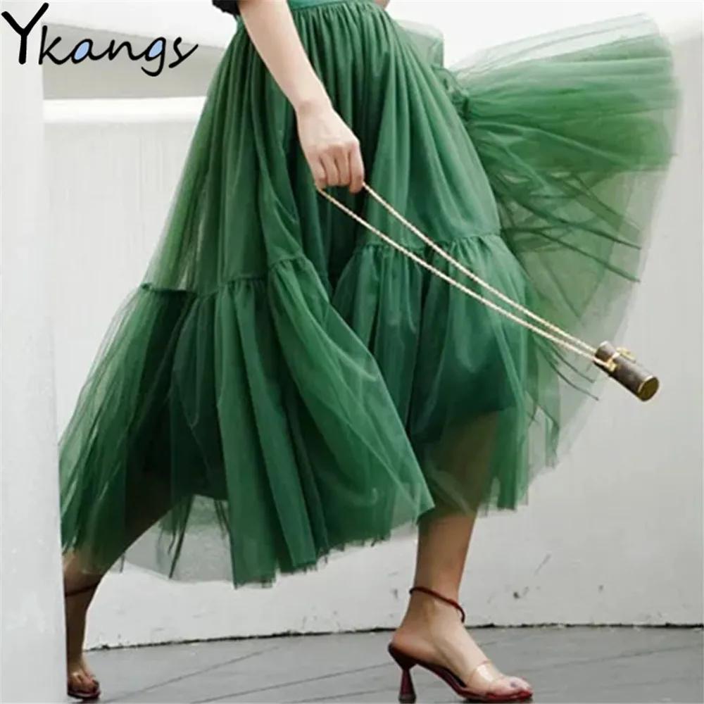 

Elegant Tulle Pleated Skirt Summer Autumn Winter Big Swing Women Skirt 2021 Korean Female Cute Green Blue Purple Long Skirt Tutu