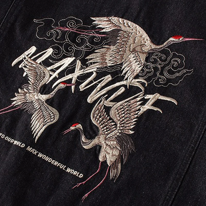 

Men Denim Jacket Crane Embroidered Denim Jacket Japanese Harajuku Men Hip Hop Jeans Jacket Streetwear Denim Bomber Jacket Cotton