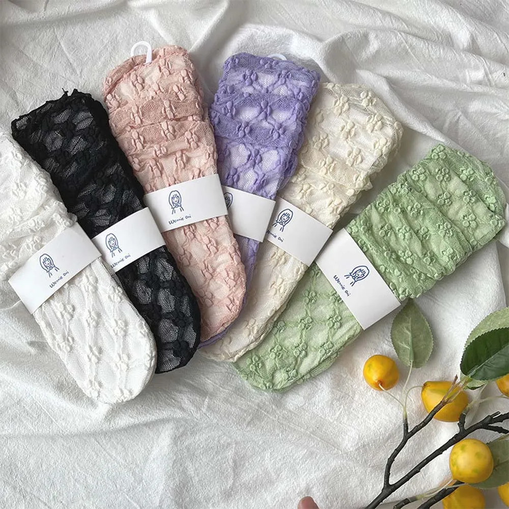 

New Sweet Spring and Summer Mesh Socks Women Breathable Lace Cute Fluffy Bubble Flower Net Yarn Pile Socks Girls