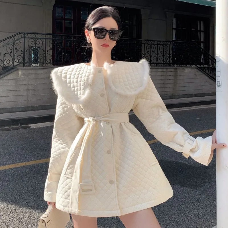 Женская куртка 2022 зимнее Стеганое пальто средней длины со шнуровкой и шерстяным