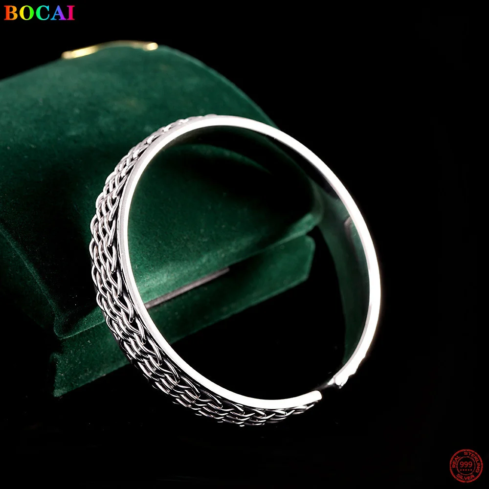 

BOCAI 2021 Trendy S999 Sterling Silver Bracelets Simple Retro Old Weaven Bangle Pure Argentum Hand Jewelry Ornament for Women