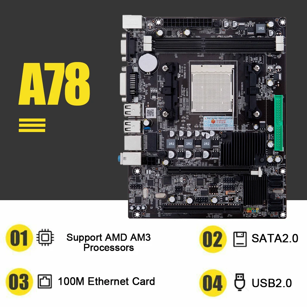 

Совершенно новая материнская плата HUANANZHI A78, двойные каналы DRR3 16G USB 2,0 SATA 2,0, десктопная материнская плата для процессоров AMD AM3