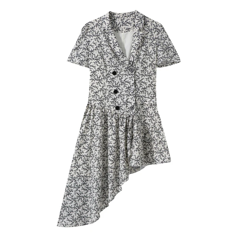 

VGH Vintage Print Irregular Hem Dress For Women V Neck Half Sleeve High Waist Elegant Ruched Slim Midi Dresses Female New Summer