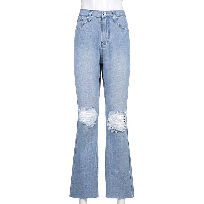 

Pantalones Vaqueros Mujer High Waist Ripped Denim Pants Women Streetwear Bottoms Y2k E-Girl Straight Leg Jeans With Knee Hole