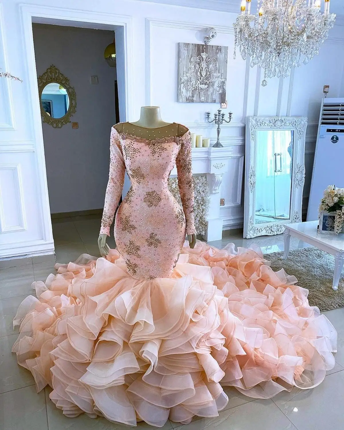 African Pink Lace Beaded Mermaid With Full Sleeves Long Ruffles Organza Train Elegant Long Prom Gowns Real Image