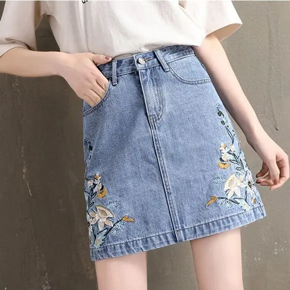 

Spring Summer Skirt Women Denim High Waist Embroidery Floral with Pockets Vintage Office Lady Sexy Club Party Streetwear D298