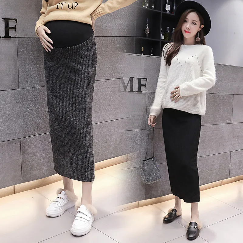 

Knitted Casual Female Fork Summer Solid New Style Loose Mid-Calf Pregnant Skirts Simple Maternity Skirt Black Grey