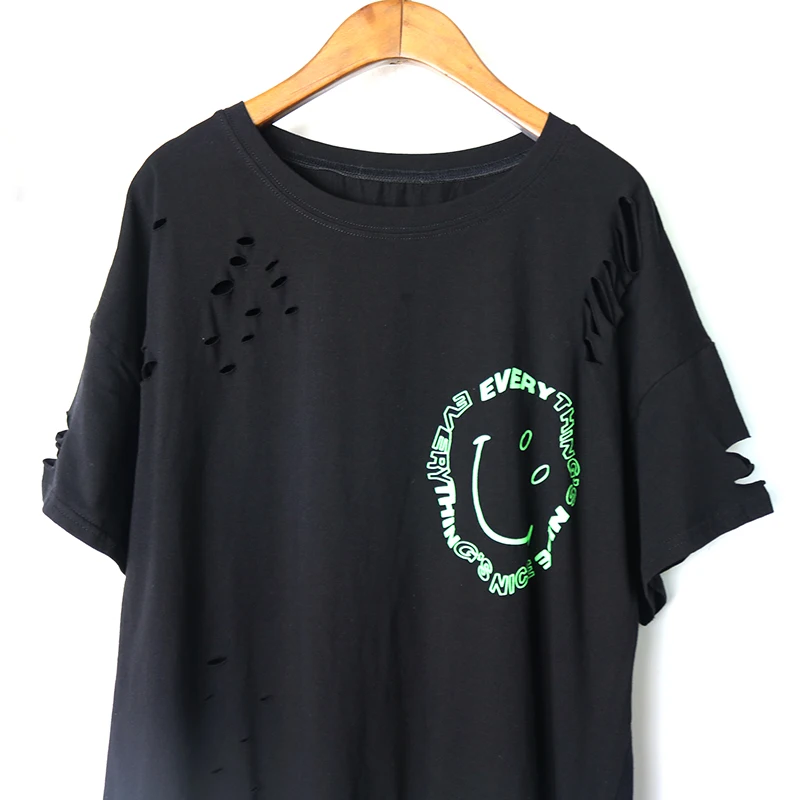 Женская модная новая футболка с принтом уличная дырками Свободные повседневные