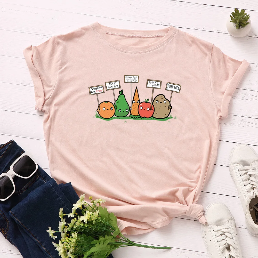 

Vegan Basic T Shirt Women Fashion Harajuku Fruit Loose Tops Ladies Casual Vegetable Tees Summer Oversized Print Cotton Tshirt