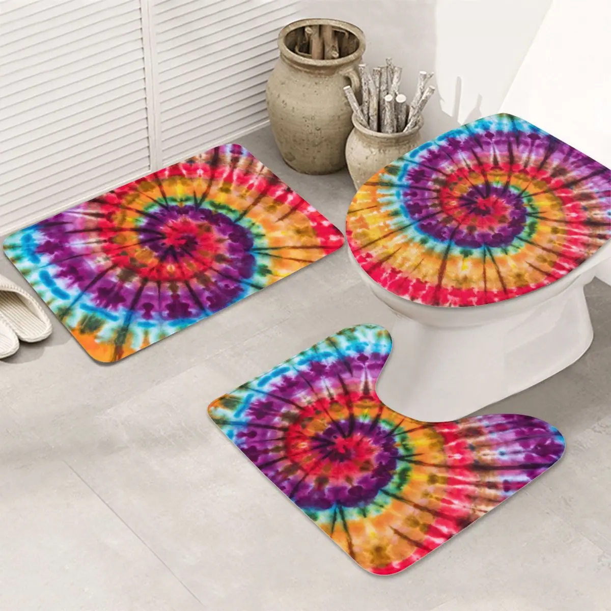 

Tie Dye Colorful Rainbow Foot Pad Non-slip Absorbent Door Soft Bathr Rug Carpet 3D Embossed Bathroom Bath Set Toilet Floor Mats