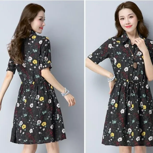 Летнее Плиссированное Платье #0305 из хлопка и льна с цветочным принтом для женщин