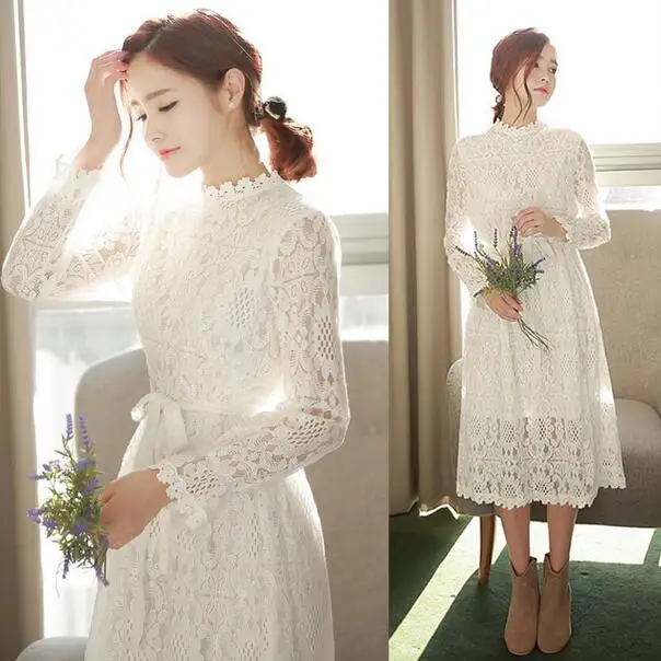 Осенне-летние новые кружевные Закрытая Талия платья для девочек белого цвета 2020