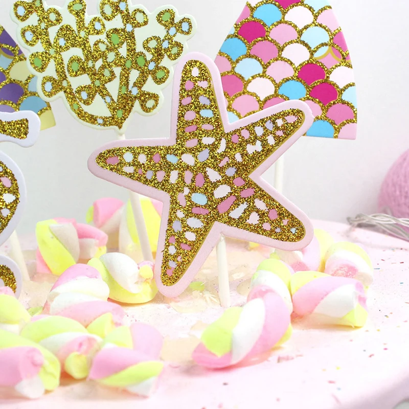 

5pcs/set Cute Mermaid Tail Starfish Coral Seahorse Cake Toppers Party Supplies