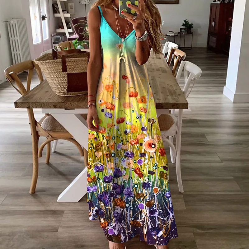 

Women flower print summer sundress Casual sleeveless v neck loose spaghetti strap maxi dress Ladies long beach vacation dress