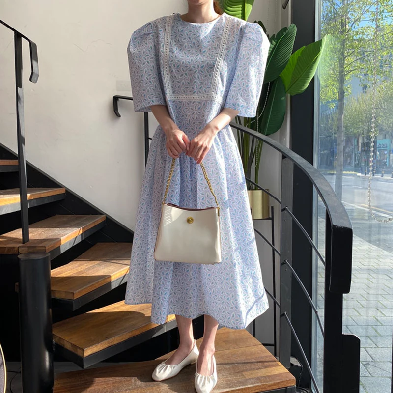 Женское длинное платье с рукавами пузырьками [EWQ] элегантное свободное круглым