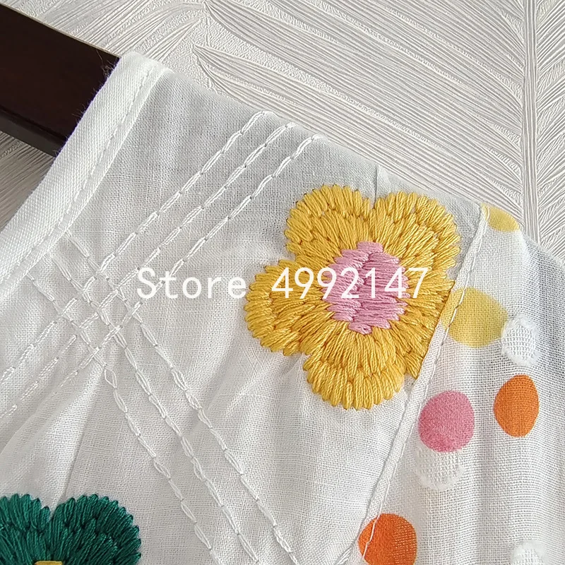 

2021 summer women long sleeve floral embroidery multi-color dots long boho dresses french vintage o-neck holiday dress y635