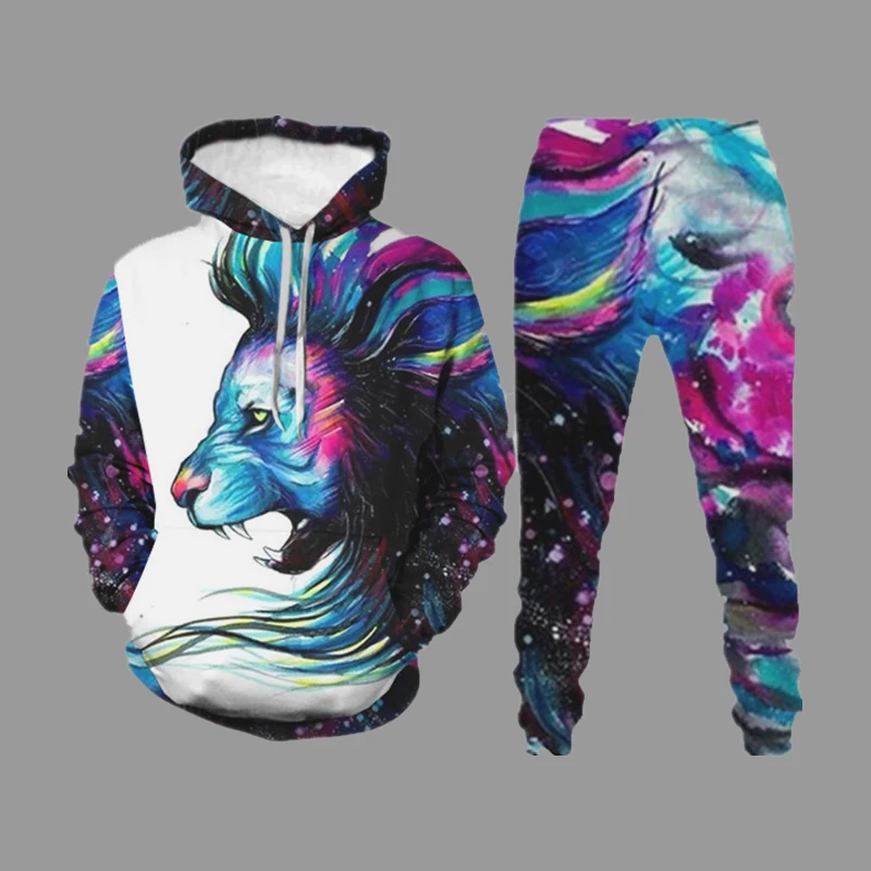 

Осенний спортивный костюм, модный мужской комплект, одежда с принтом льва, толстовка с длинным рукавом, Женская Модная молодежная одежда из двух предметов