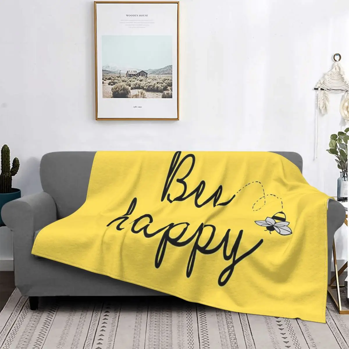 

Manta con frase de abeja feliz positiva, a cuadros colcha para cama, sofá, manta de lana para bebé, 135