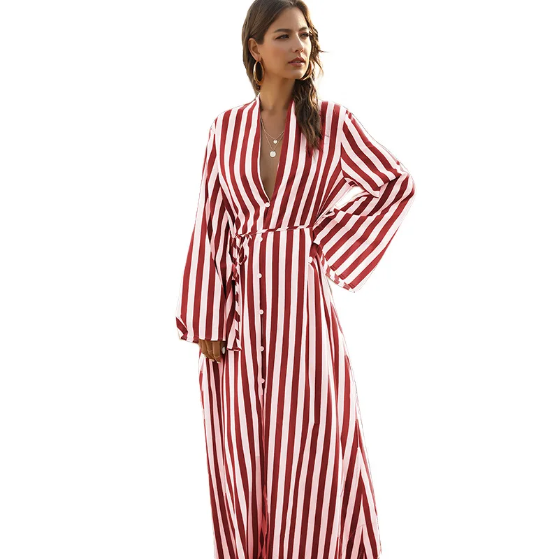 

Fashionable and comfortable single breasted long striped dress for women