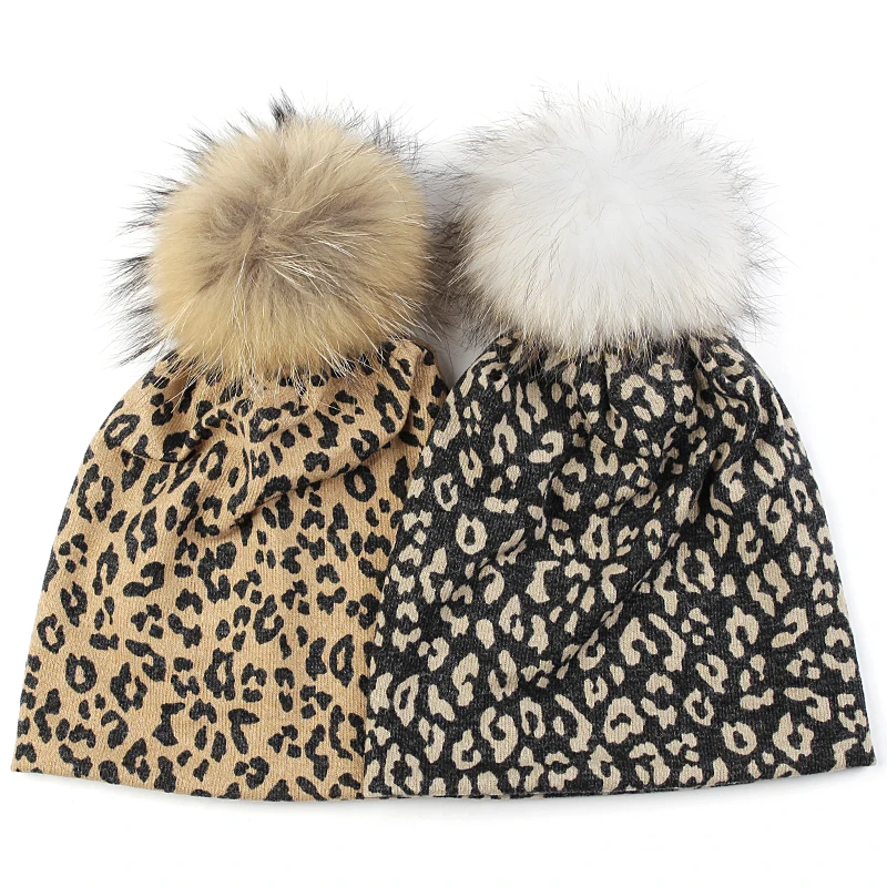 

Charm Wood Adult Leopard Print Beanie Hats For Women Warm Fashion Hat Female Baggy Beanies Skullies With 15cm Real Fur Pompom