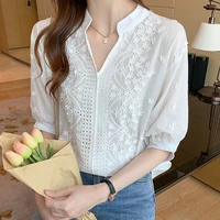 womens shirts solid blouses for women embroidered shirt blouse women white hollow out half sleeve tops female 2022 woman shirts