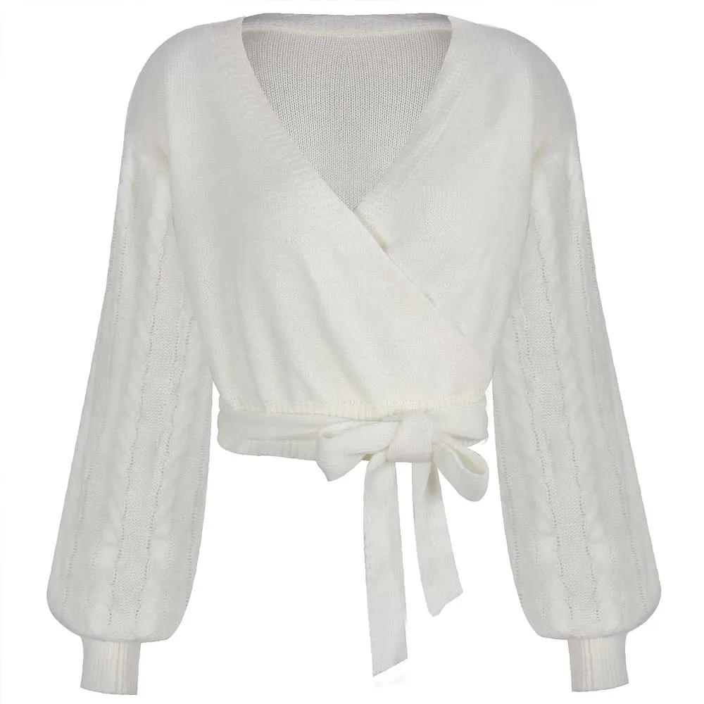 

Women V neck Cross Bandage Autumn Winter knit Sweater Fashion Sexy Girl Short Knitted Lantern Sleeve Cardigan