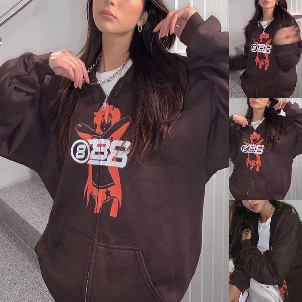 

Zip-Up Women Korean Style Hoodies Vintage Solid Brown Long Sleeve Oversized Hooded Sweatshirt Y2K Lady Women Casual Large Coats