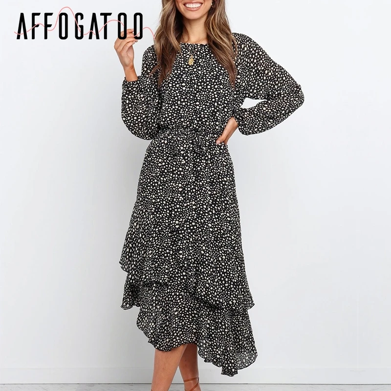 Afogafoo элегантное осеннее платье с оборками в горошек и принтом женские платья