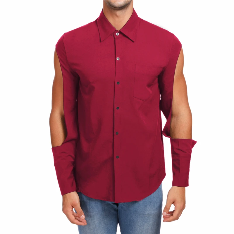 

Men Shirts Mens Clothing Turn-down Collar Summer Casual Shirts Men's Fashion Hollow Sleeve Cut Shirt