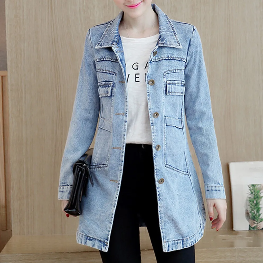 Женские длинные джинсовые куртки размера плюс модные повседневные винтажные