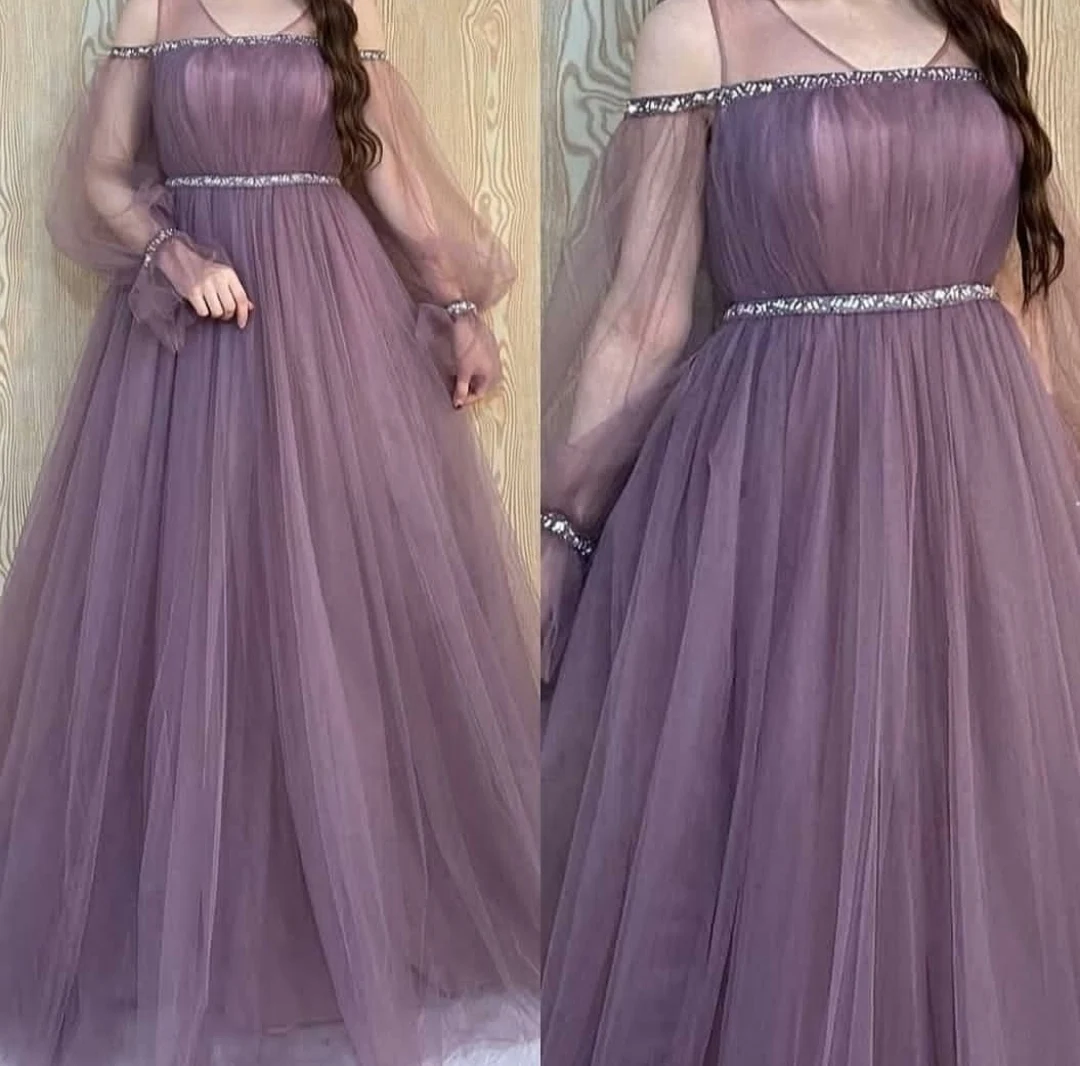 

Elegant A-Line Pleated Tulle Evening Dresses Long Sleeve Dusty Purple Beaded Abendkleider Robes de Soirée for Women