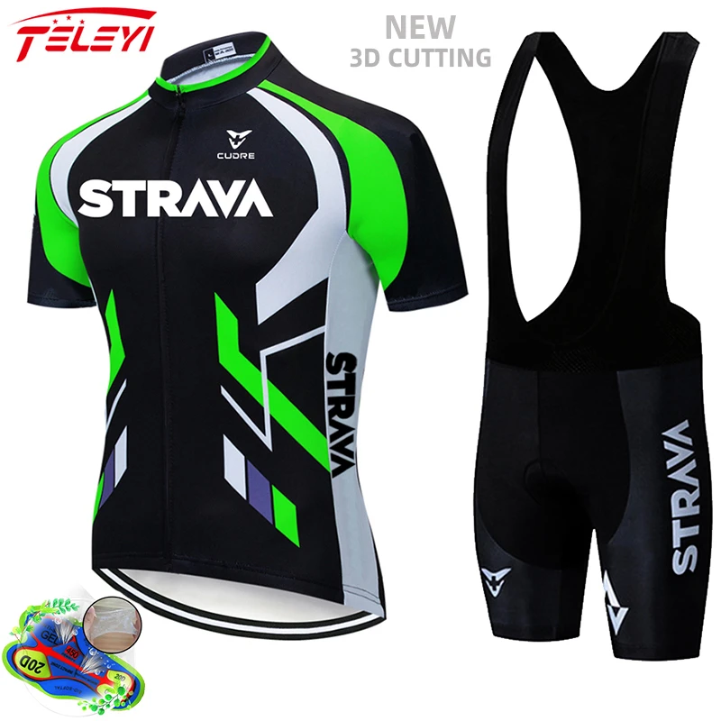 

Fluorescent Green STRAVA Cycling Jersey sets red Bicycle Short Sleeve Cycling Clothing Bike maillot Cycling Jersey Bib shorts