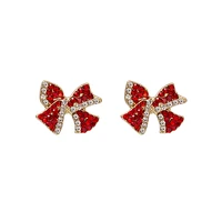 sweet temperament bow full diamond earrings silver needle retro fashion small red earrings