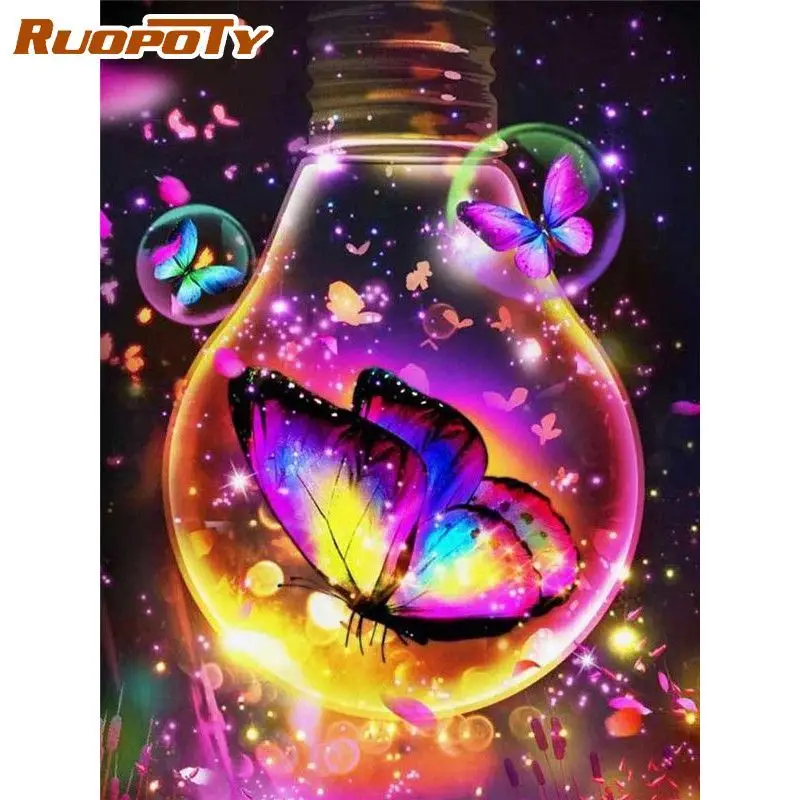 

RUOPOTY Acrylic Butterfly Animals Painting By Numbers For Adults With Frame 60x75cm Modern Canvas By Numbers For Diy Gift