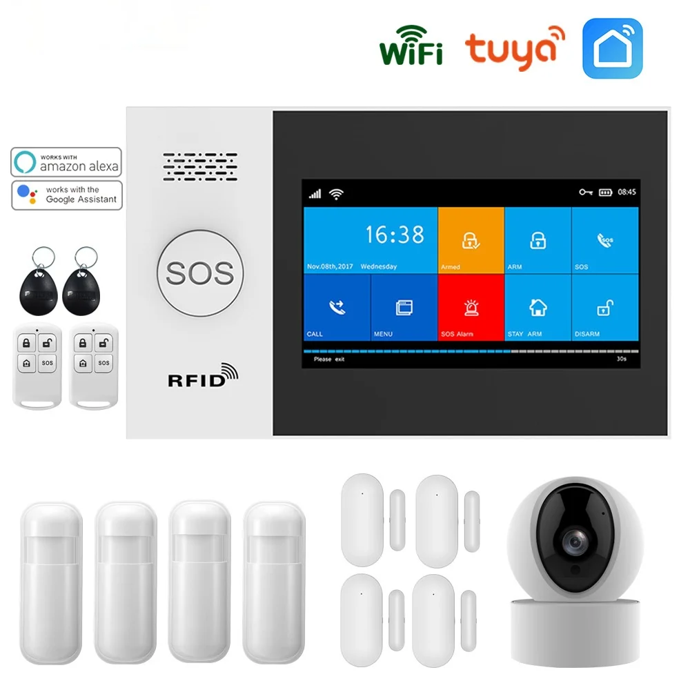 

2022 PG107 Wi-Fi GSM сигнализация для дома, сигнализация с поддержкой приложения Tuya, дистанционное управление с IP-камерой, поддержка Alexa