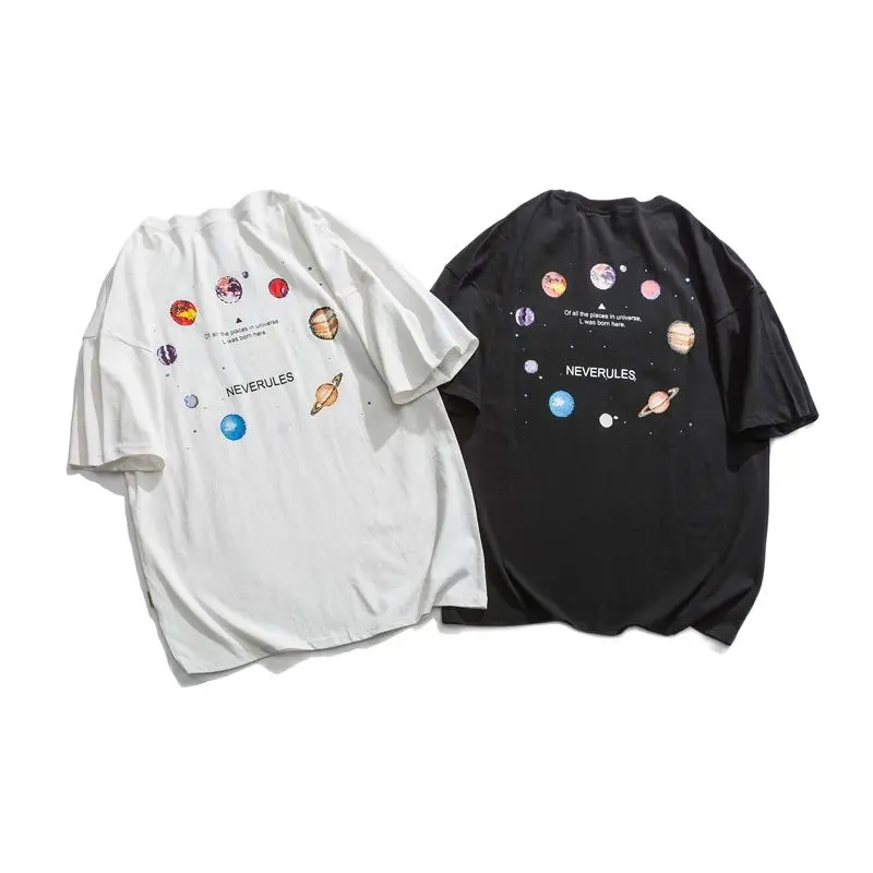 

High Quality Casual Harajuku Style Space Pattern Men's Cotton T-shirt 2021 New Summer round Neck Wild Couple Loose Short Sleeves