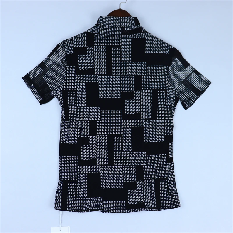 

Spring Women's Tops Turtleneck Patchwork Elasticity Skinny Elegant Office Lady Fashion Modern Design Short-Sleeve T-Shirt Black