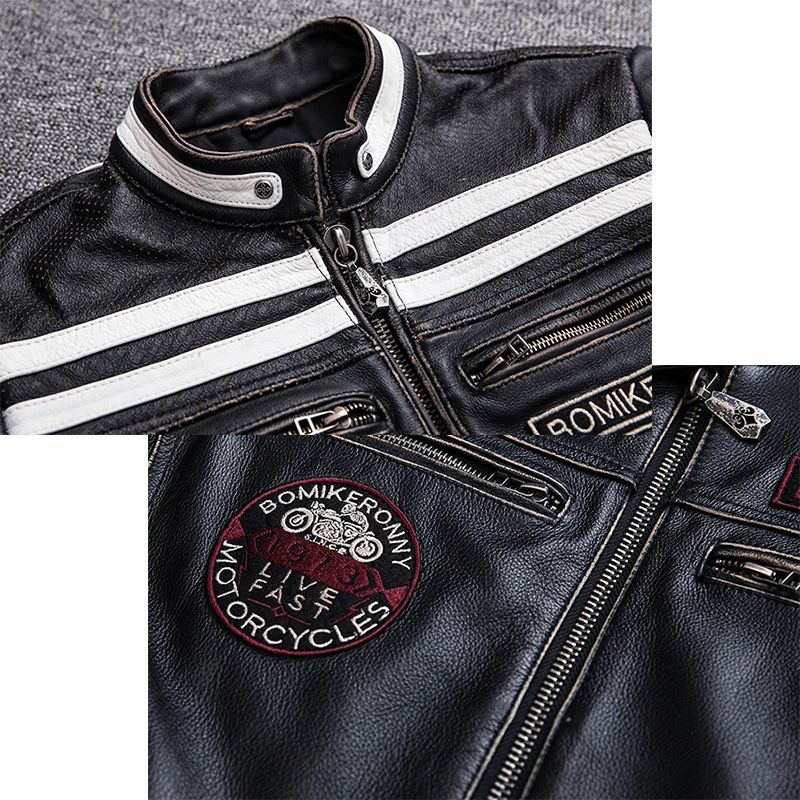 

Men's Edging Retro Vintage Motorcycle Clothing Slim Fit Locomotive Genuine Jacket Men Cowhide Leather Coat
