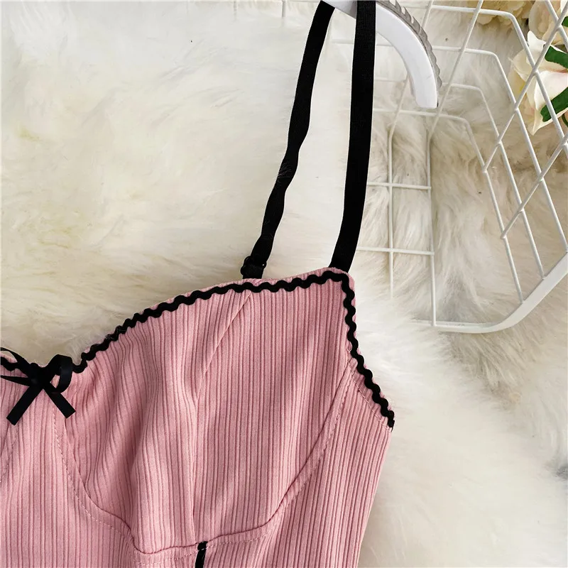 

ATHVOTAR Women Crop Top Knitting Lace Tank Top Bra Female Sweet Tube Tops Bow Camisole Sleeveless Camisole Underwear New 2021