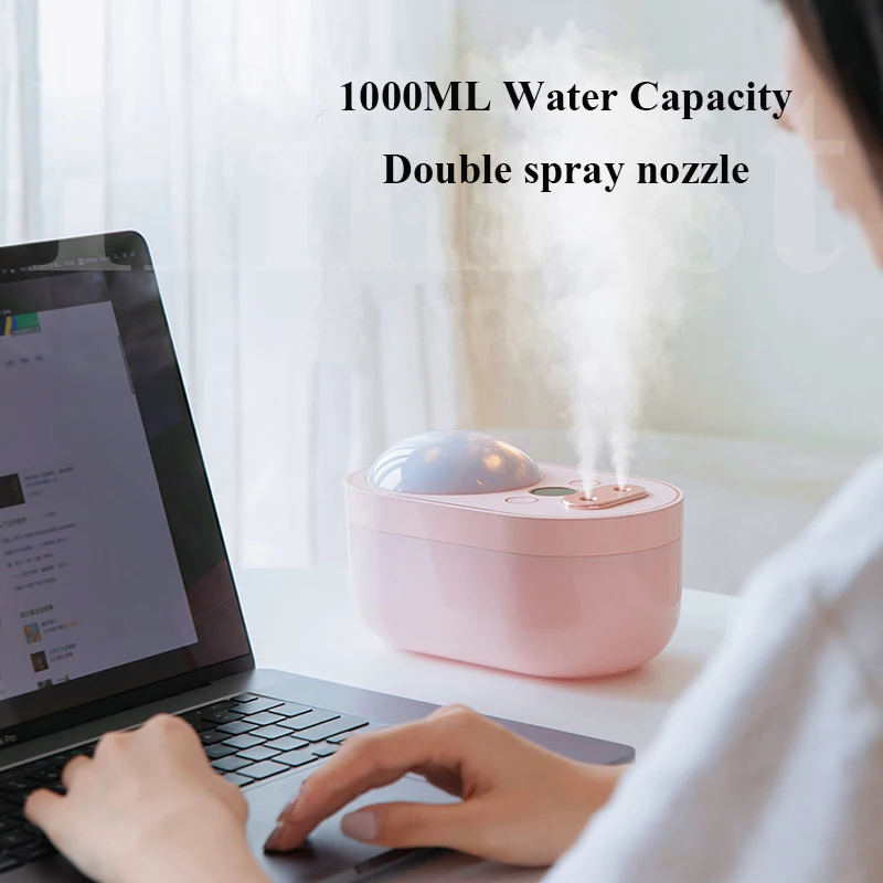 

1L Projection Light Air Humidifier Dual Nozzle 4000mAh Rechargeable Battery Wireless Ultrasonic Aroma Diffuser Mist Maker Fogger