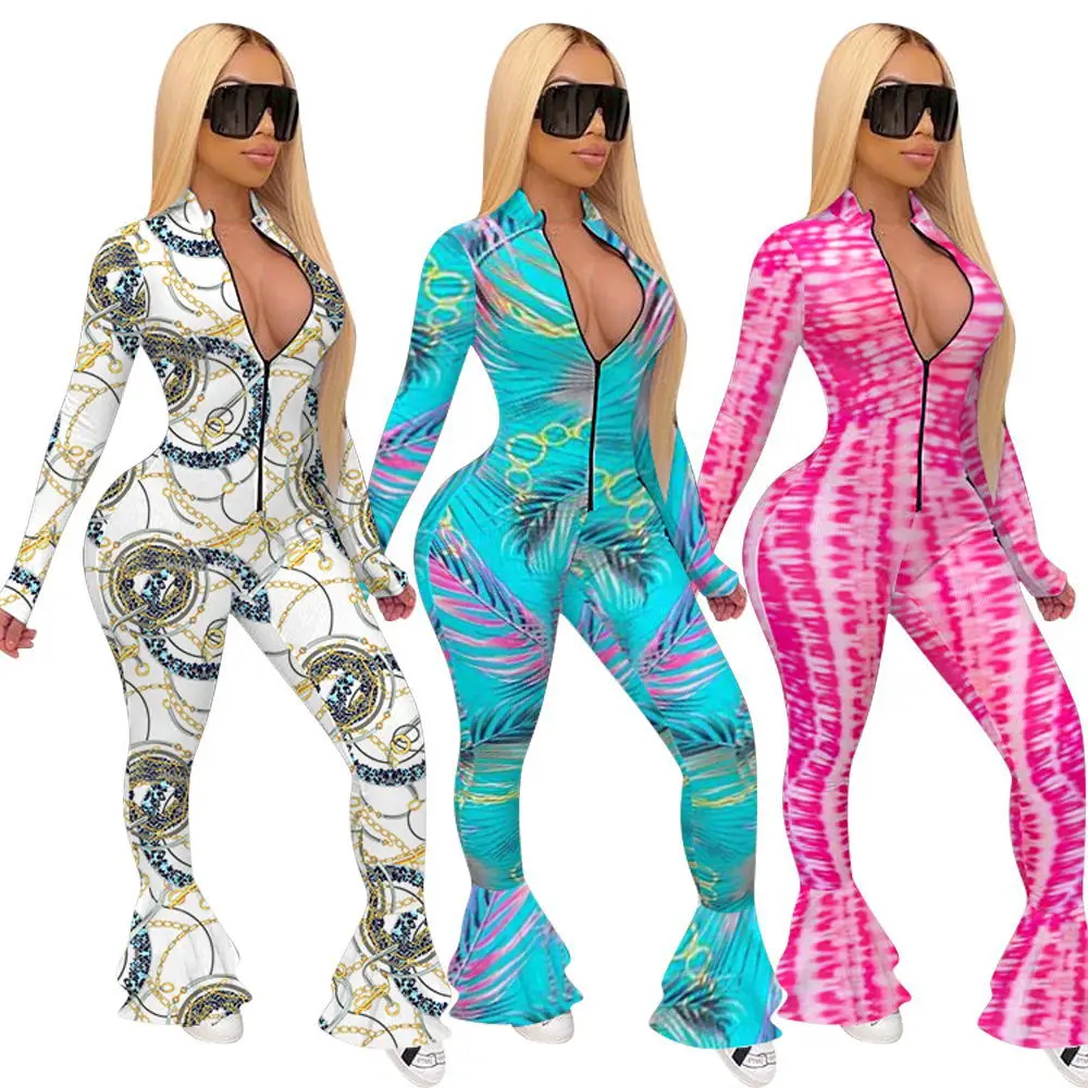 

Wholesale Active Wear Women Tie Dye Chain Print Zipper Up Bodycon Moto Biker Flare Jumpsuit Streetwear One Piece Romper Overalls