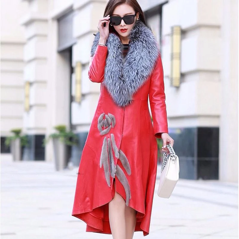 Women's Leather Jacket For Winter 2020 New High Quality Elegant Slim Big Fur Collar Long Leather Coat Female Outerwear S-7xl