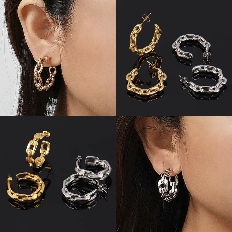 Жемчужные серьги кольца из нержавеющей стали с панк-цепью для женщин модные золотые круглые украшения.