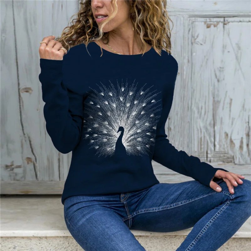 

Peacock Graphic Basic T-Shirt Women's Clothing 2021 Summer Autumn Long Sleeve Casual Vintage Tee Shirts Ladies Oversized Tops