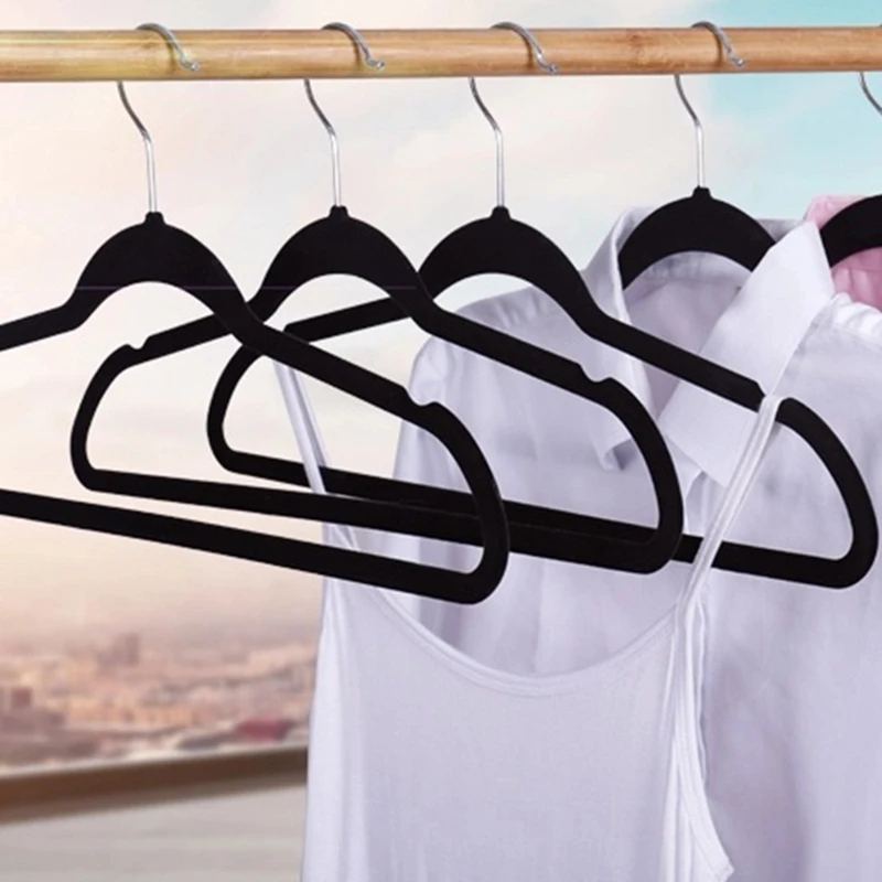 

10Pcs Flocking Hanger Plastic Non-Slip Hanger Velvet Drying Rack-Black