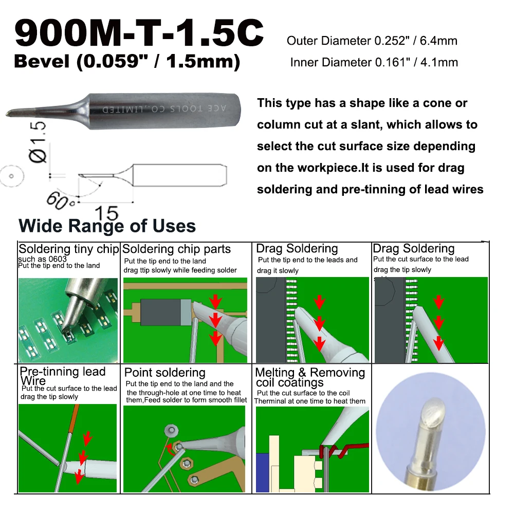 Наконечник паяльника 900M-T-1.5C скос 1 5 мм для Hakko 936 907 флейта Milwaukee 64-053 Yihua X-Tronics 3020 -