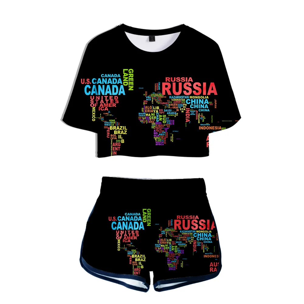 Женский спортивный костюм с принтом карты мира комплект из двух предметов